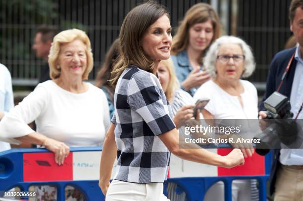 Queen Letizia of Spain attends the opening of 2018/2019 Scholarship course at Baudilio Arce school on September 12, 2018 in Oviedo, Spain.