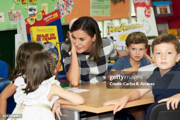 Queen Letizia of Spain attends the opening of 2018/2019 Scholarship course at Baudilio Arce school on September 12, 2018 in Oviedo, Spain.