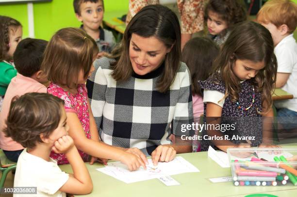 Queen Letizia of Spain attends the opening of 2018/2019 Scholarship course at Baudilio Arce school on September 12, 2018 in Oviedo, Spain.