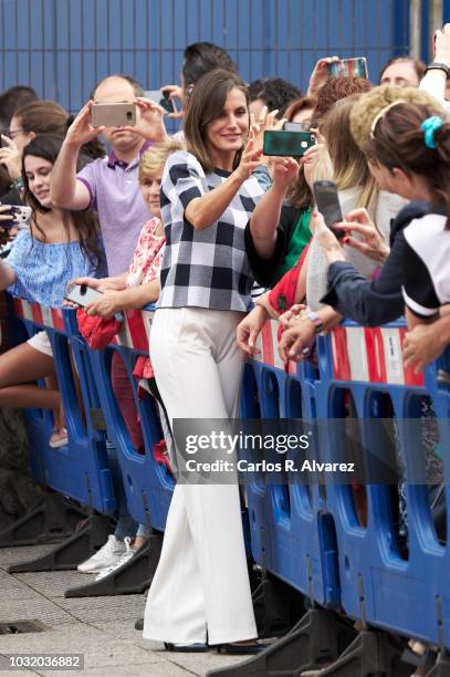 Queen Letizia of Spain attends the opening of 2018/2019 Scholarship course at Baudilio Arce school on September 12, 2018 in Oviedo, Spain.