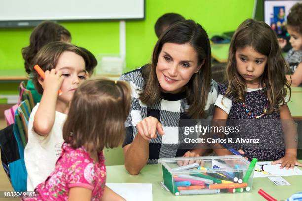 Queen Letizia of Spain attends the opening of 2018/2019 Scholarship course at Baudilio Arce school on September 12, 2018 in Oviedo, Spain.