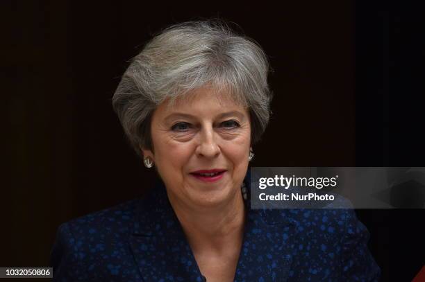 British Prime Minister Theresa May leaves 10 Downing Street as she makes her way to the Parliament to attend weekly Prime Minister Questions session...