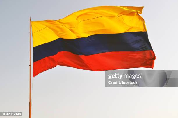 flag of colombia waving outdoors - colombia fotografías e imágenes de stock