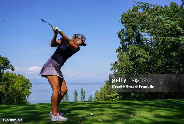 Anna Nordquist of Sweden plays a shot during the pro-am of the Evian Championship 2018 at Evian Resort Golf Club on September 12, 2018 in...