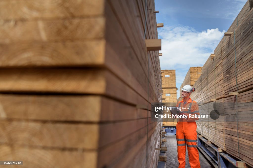 Worker with stacks of timber in storage at port