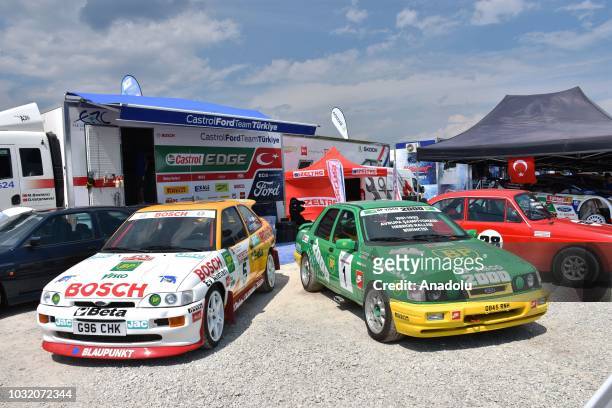 Former rally champions' cars are seen as they are exhibited at Turkey Rally Service Area ahead of the 2018 FIA World Rally Championship at Icmeler...