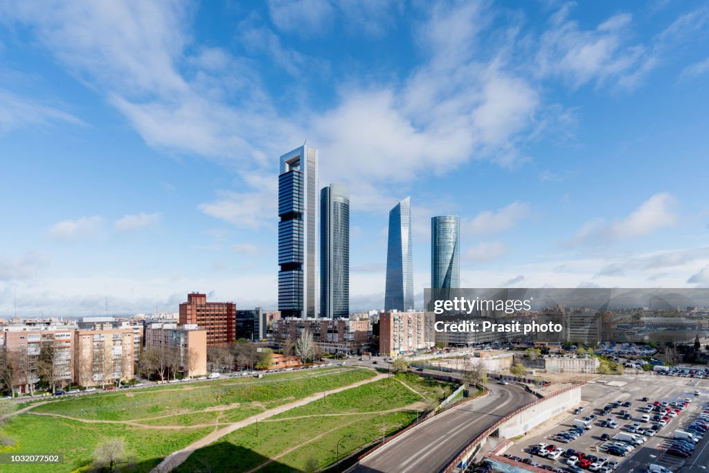 Madrid cityscape at daytime. Landscape of Madrid business building at Four Tower. Modern high building in business district area at Spain.