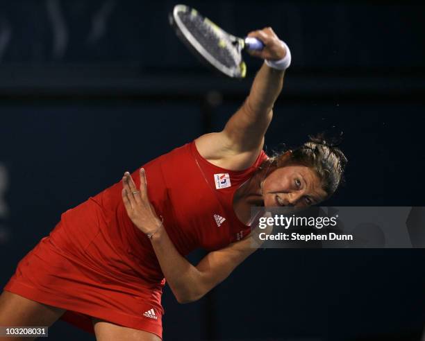 Dinara Safina of Russia serves to Alona Bondarenko of the Ukraine during their match in the Mercury Insurance Open at La Costa Resort and Spa in...