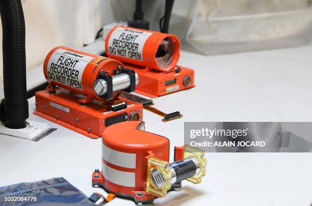 Picture taken on September 7, 2018 shows flight recorders at the laboratory at the headquarters of the Office of Investigation and Analysis , in Le...