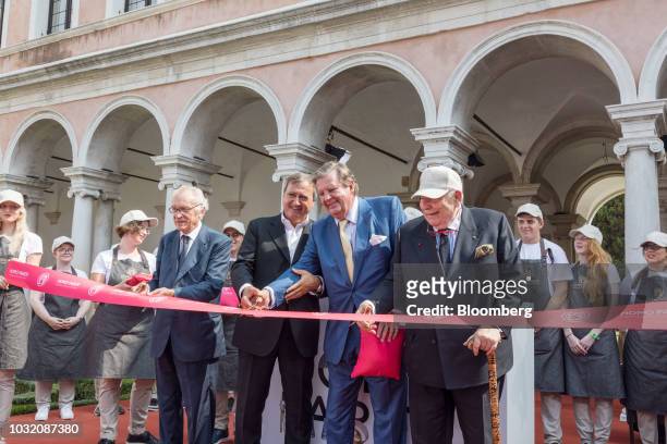 From left to right, Giovanni Bazoli, chairman emeritus of Intesa Sanpaolo SpA, Luigi Brugnaro, mayor of Venice, billionaire Johann Rupert, founder...