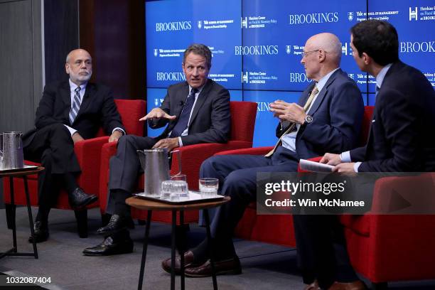 Former Federal Reserve Board Chairman Ben Bernanke, former Treasury Secretary Timothy Geithner and former Treasury Secretary Hank Paulson answer...