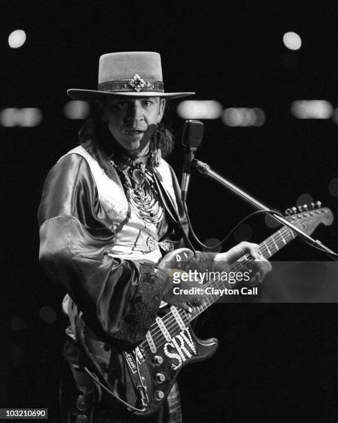 Stevie Ray Vaughan performs at a private show for the sailors during US Navy fleet week at Pier 32 on October 9, 1985 in San Francisco, California,...