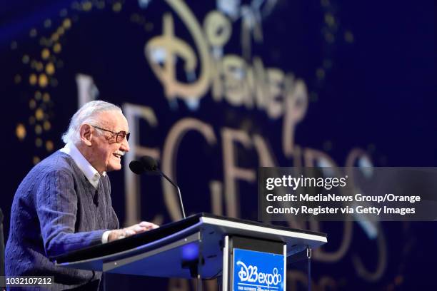 Marvel co-creator Stan Lee accepts a Disney Legend Award during a ceremony at D23 Expo in Anaheim, on Friday, July 14, 2017. Lee helped create Iron...