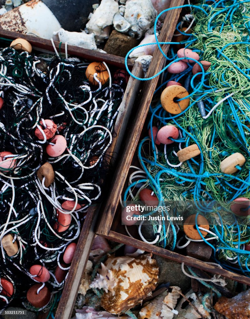 Boxes of fishing nets on Britannia beach.