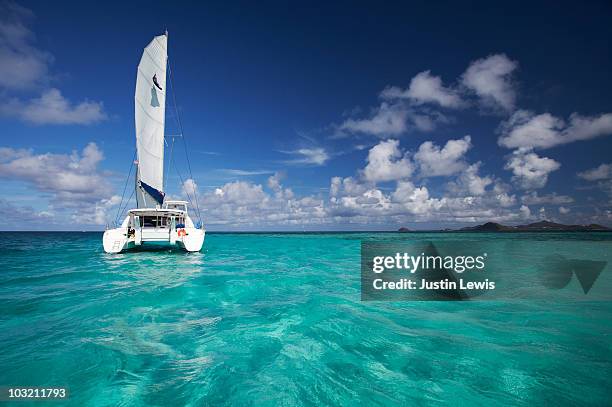 catamaran boat on open water shot midday - catamarán fotografías e imágenes de stock