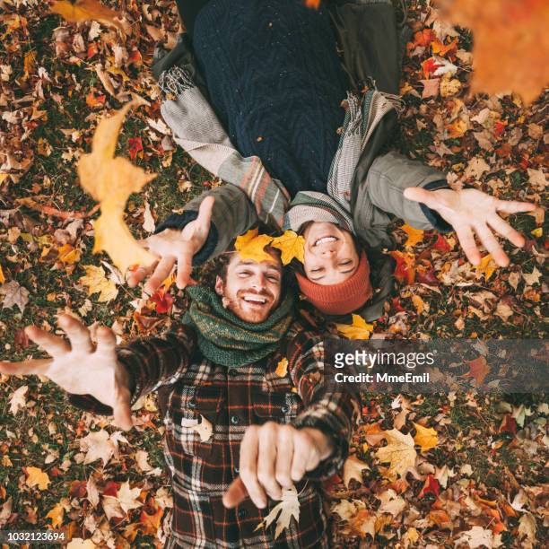 junge kanadische heterosexuelles paar genießen sie einen schönen herbsttag im freien - automne stock-fotos und bilder