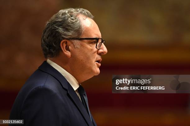 New elected French National Assembly President Richard Ferrand delivers a speech at the end of an extraordinary session at the French National...