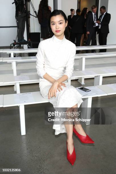 Model Estelle Chen attends the Calvin Luo front Row during New York Fashion Week: The Shows at Gallery I at Spring Studios on September 12, 2018 in...