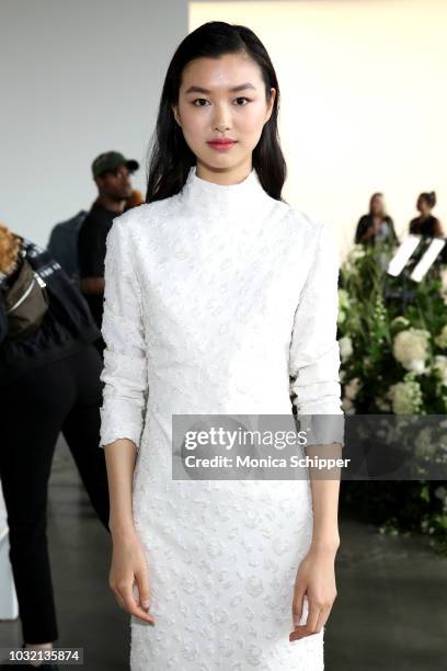 Model Estelle Chen attends the Calvin Luo front Row during New York Fashion Week: The Shows at Gallery I at Spring Studios on September 12, 2018 in...