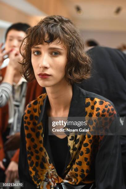 Model poses backstage for Calvin Luo during New York Fashion Week: The Shows at Gallery I at Spring Studios on September 12, 2018 in New York City.