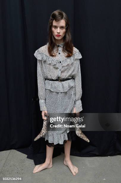 Model poses backstage for Calvin Luo during New York Fashion Week: The Shows at Gallery I at Spring Studios on September 12, 2018 in New York City.