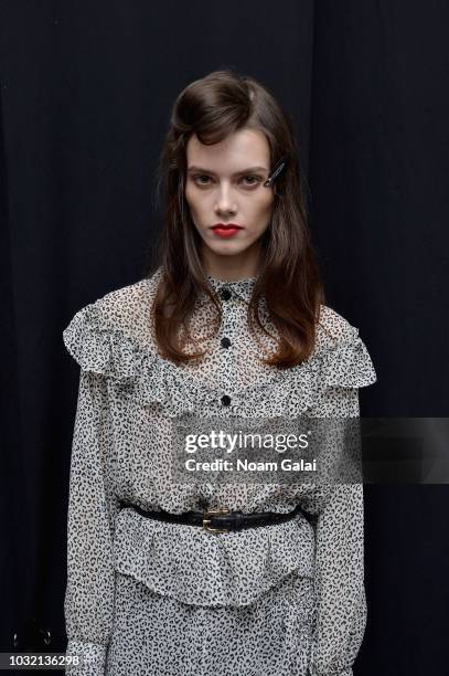 Model poses backstage for Calvin Luo during New York Fashion Week: The Shows at Gallery I at Spring Studios on September 12, 2018 in New York City.