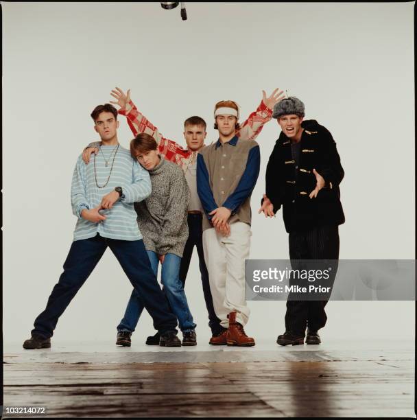 Boy band Take That posed in London in 1993 L-R Robbie Williams, Mark Owen, Gary Barlow, Howard Donald, Jason Orange