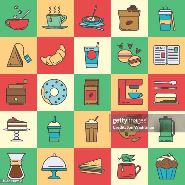 cafe line icon set - tea biscuits stock illustrations
