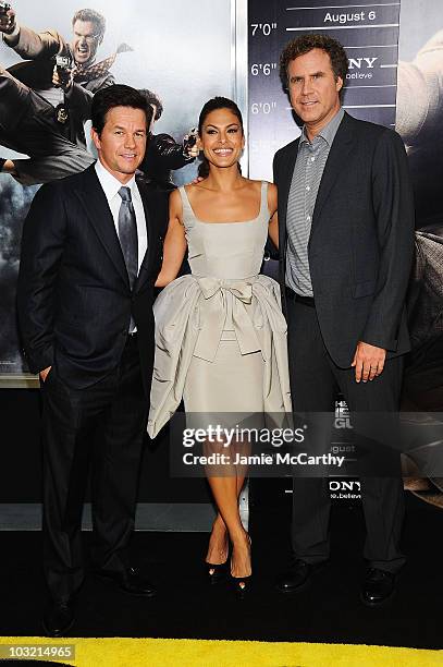 Actors Mark Wahlberg, Eva Mendes and Will Ferrell attend the premiere of "The Other Guys" at the Ziegfeld Theatre on August 2, 2010 in New York City.