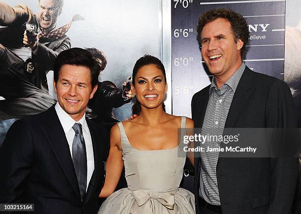 Actors Mark Wahlberg, Eva Mendes and Will Ferrell attend the premiere of "The Other Guys" at the Ziegfeld Theatre on August 2, 2010 in New York City.