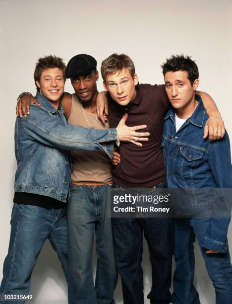 British boy band Blue, 2003. They are Simon Webbe, Lee Ryan, Duncan James and Antony Costa.