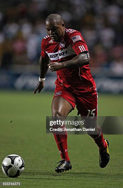 Collins John of the Chicago Fire controls the ball against Pumas UNAM during a SuperLiga 2010 match at Toyota Park on July 20, 2010 in Bridgeview,...