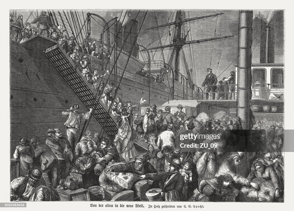 Europese emigranten naar Amerika, houtgravure, verschenen in 1876