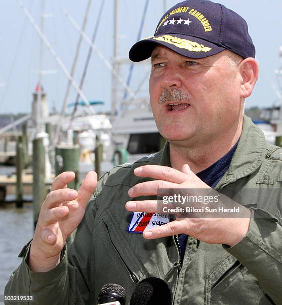 Coast Guard Admiral Thad Allen, national incident commander, talks about the Deepwater Horizon oil spill during a press conference at Point Cadet...