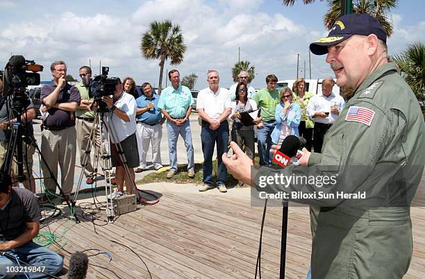 Coast Guard Admiral Thad Allen, national incident commander, talks about the Deepwater Horizon oil spill during a press conference at Point Cadet...