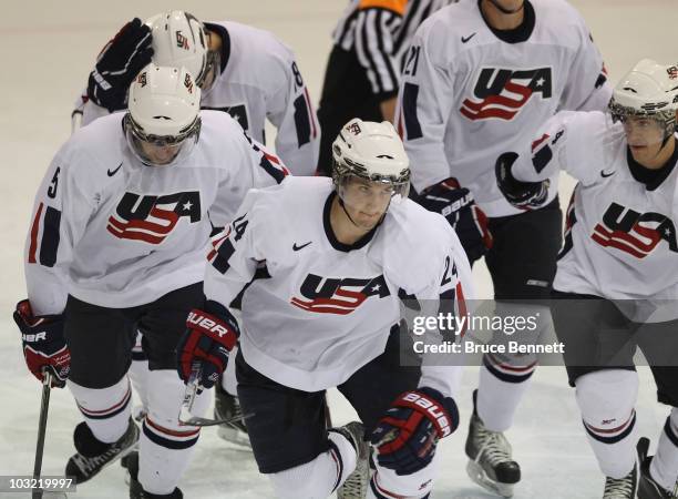 Derek Forbert of Team USA returns to bench following his first period goal against Team Sweden at the USA Hockey National Evaluation Camp game on...