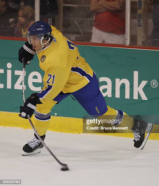 Magnus Paajarvi-Svensson of Team Sweden fires a shot against Team USA at the USA Hockey National Evaluation Camp game on August 3, 2010 in Lake...