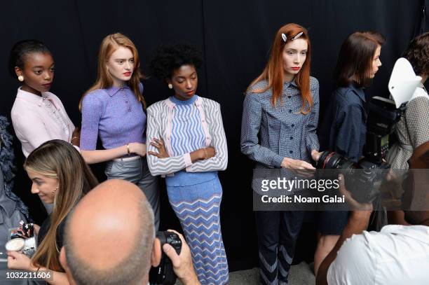 Models prepare backstage for Calvin Luo during New York Fashion Week: The Shows at Gallery I at Spring Studios on September 12, 2018 in New York City.