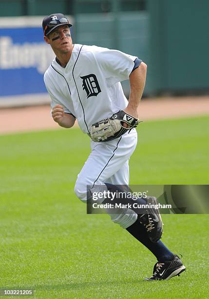 Jeff Frazier of the Detroit Tigers fields against the Chicago White Sox during the first game of a double header at Comerica Park on August 3, 2010...