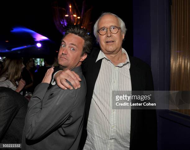 Actors Matthew Perry and Chevy Chase attend the Sony Pictures Television TCA cocktail party at Bar 210 at The Beverly Hilton hotel on August 3, 2010...