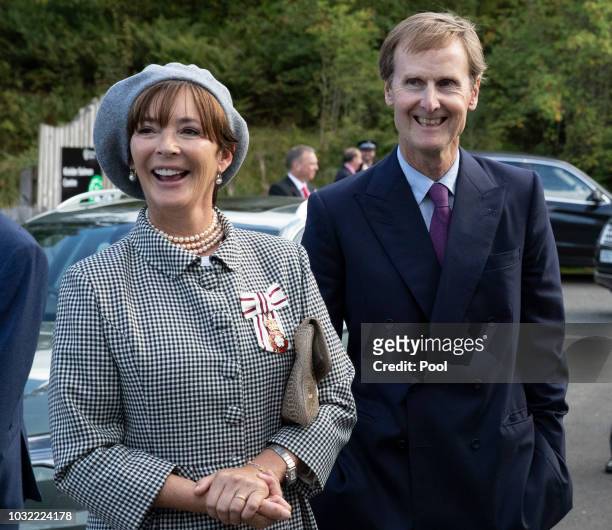 The Duke and Duchess of Northumberland accompany Prince Charles, Prince of Wales as he visits the Kielder Salmon Centre on September 12, 2018 in...