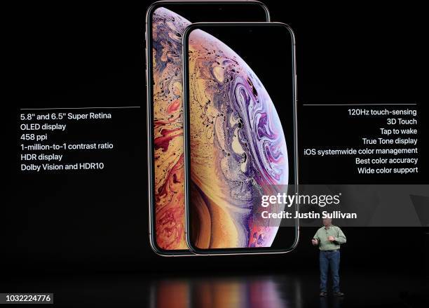Phil Schiller, senior vice president of worldwide marketing at Apple Inc., speaks at an Apple event at the Steve Jobs Theater at Apple Park on...
