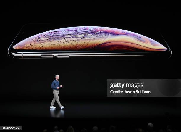 Tim Cook, chief executive officer of Apple, speaks during an Apple event at the Steve Jobs Theater at Apple Park on September 12, 2018 in Cupertino,...