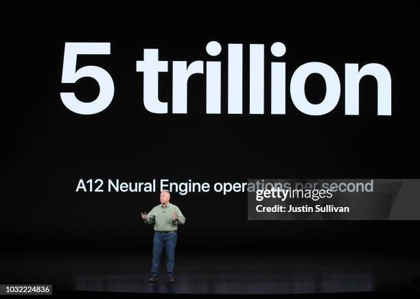 Phil Schiller, senior vice president of worldwide marketing at Apple Inc., speaks at an Apple event at the Steve Jobs Theater at Apple Park on...