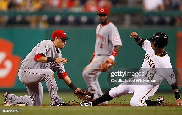 Paul Janish of the Cincinnati Reds tags out Ronny Cedeno of the Pittsburgh Pirates during the game on August 3, 2010 at PNC Park in Pittsburgh,...