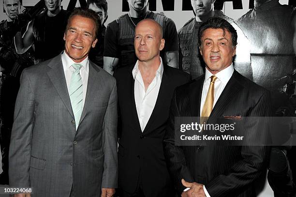 California Governor Arnold Schwarzenegger, actor Bruce Willis and director/writer/actor Sylvester Stallone arrive at the premiere of Lionsgate Films'...