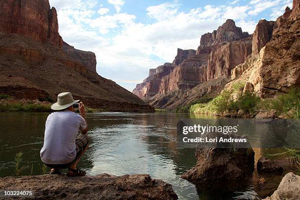 tourist below redwall in the grand canyon - flagpole stock-fotos und bilder