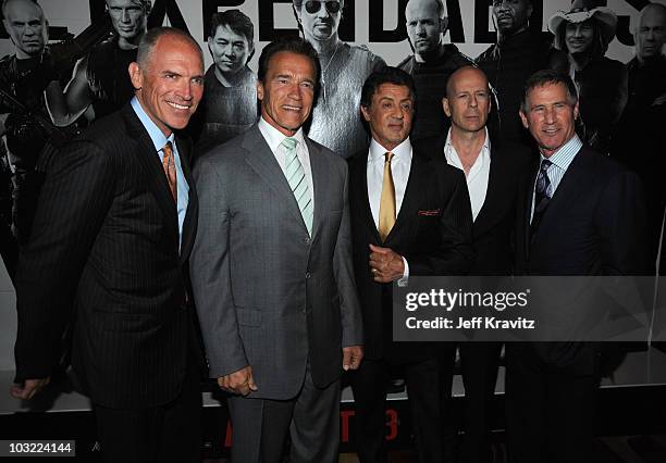 President of the Motion Picture Group and co-COO Joe Drake, California Governor Arnold Schwarzenegger, Director/ Writer/ Actor Sylvester Stallone,...