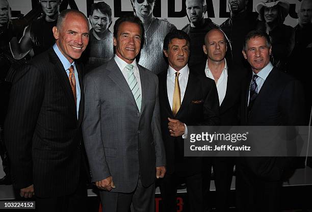 President of the Motion Picture Group and co-COO Joe Drake, California Governor Arnold Schwarzenegger, Director/ Writer/ Actor Sylvester Stallone,...