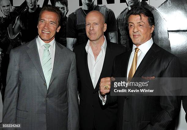 California Governor Arnold Schwarzenegger, actor Bruce Willis and director/writer/actor Sylvester Stallone arrive at the premiere of Lionsgate Films'...